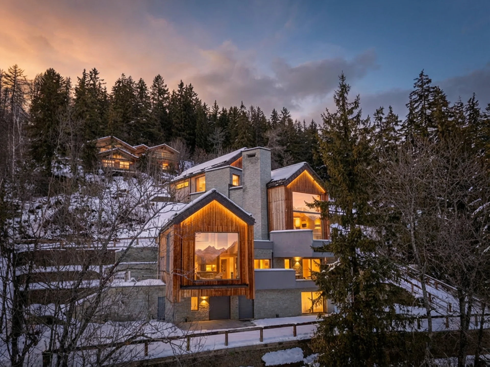 Vue drone chalet moderne Randogne Crans-Montana — Linda Photography Valais
